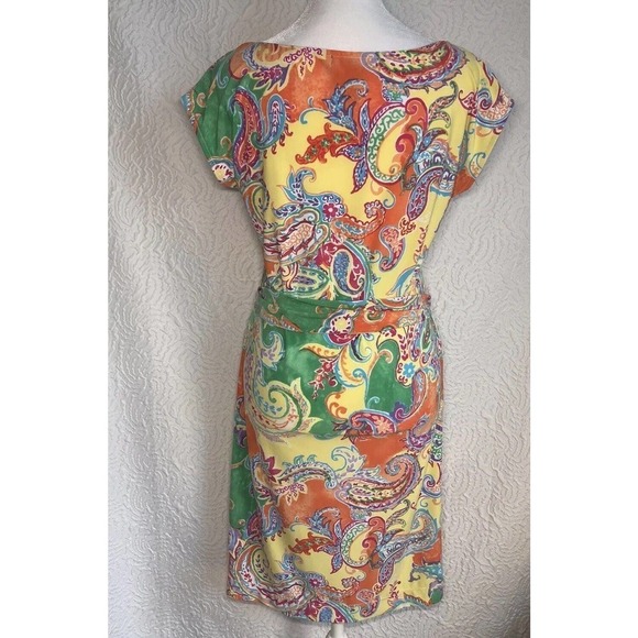 RALPH LAUREN Stretch Paisley Midi Short Sleeve Colorful Dress Size Petite Small - Picture 6 of 9